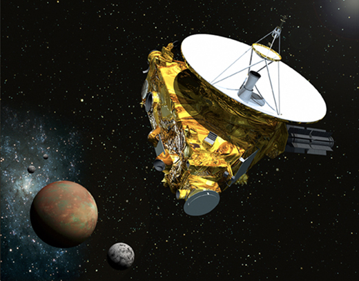  Artist's concept of the New Horizons spacecraft as it approaches Pluto and its three moons in summer 2015. — Credit: NASA/Johns Hopkins University Applied Physics Laboratory/Southwest Research Institute