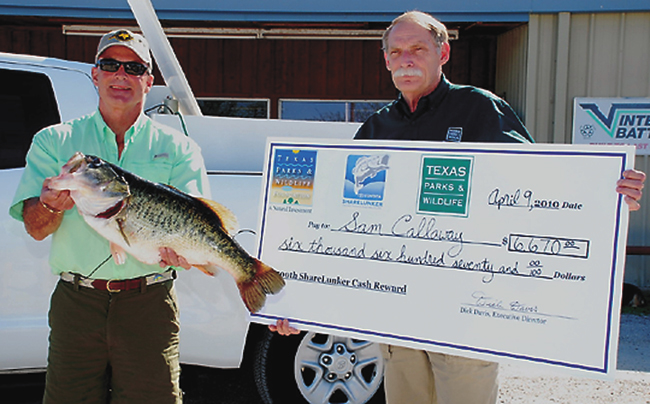 #500 — Sam Callaway of Corpus Christi caught Toyota ShareLunker 500 from O.H. Ivie Reservoir April 9. ShareLunker program manager David Campbell was there to receive the fish and present Callaway with a ceremonial check recognizing his catch. Callaway will receive the actual check at the ShareLunker banquet at the Texas Freshwater Fisheries Center June 5. — TPWD PHOTO © 2010, Larry D. Hodge
